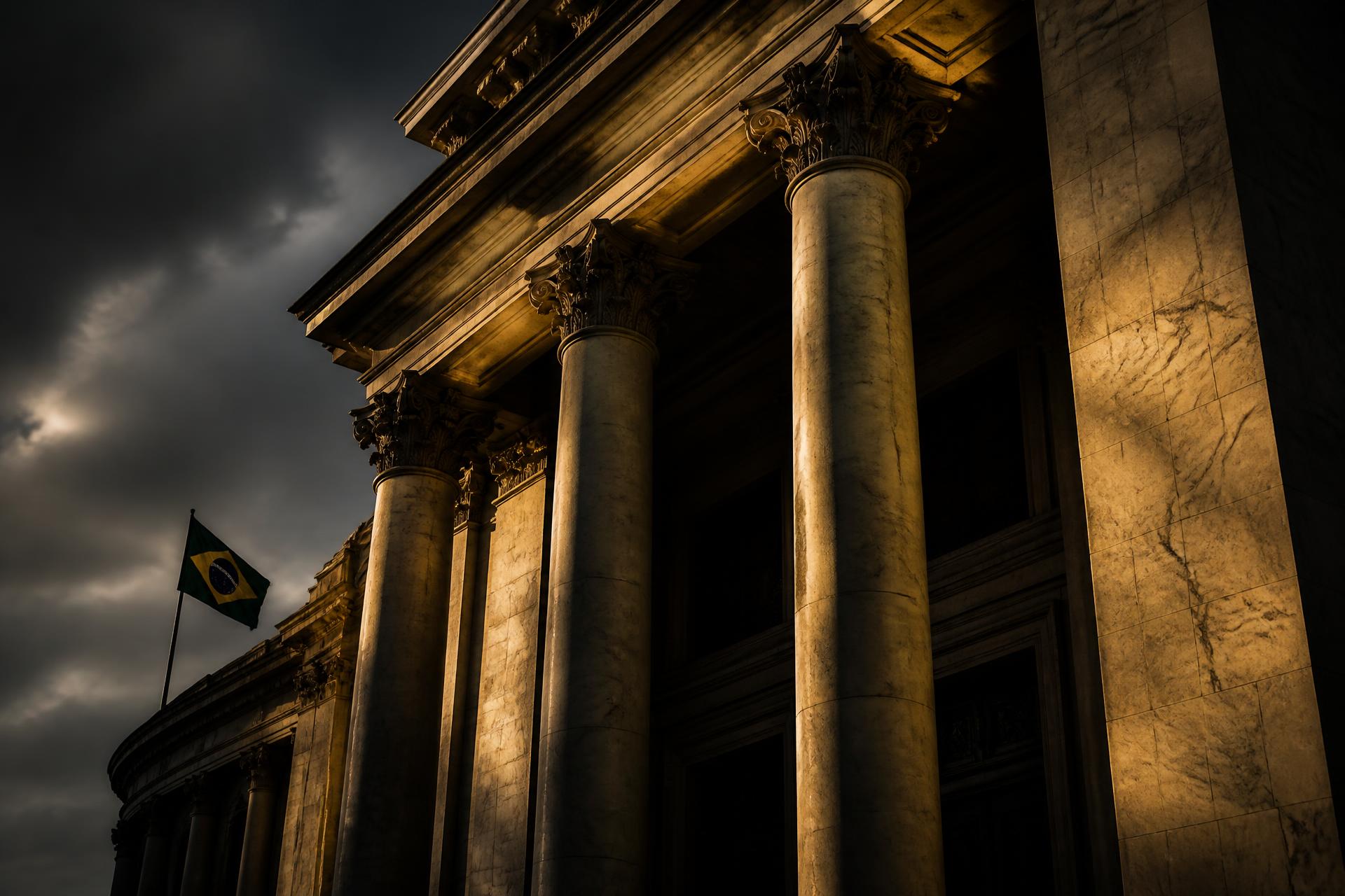 Fachada de tribunal com colunas de mármore ao entardecer